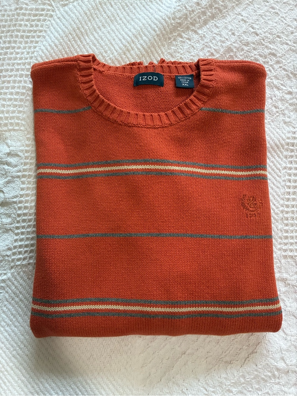 IZOD Mens Orange Striped Crewneck Sweater Cotton Knit Pullover Men’s Size XXL